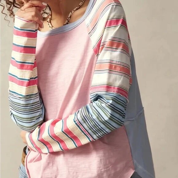 Pastel Pink & Blue Multicolour Striped T-Shirt Top - Picture 5 of 5